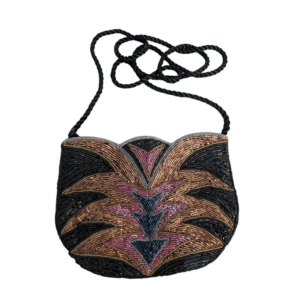 Vintage Art Deco Beaded Clutch Evening Bag‎ Black Gold Pink Blue Evening Purse